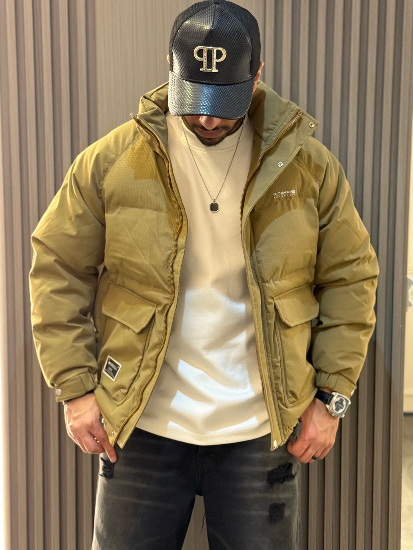 Bej Bomber Stiker Jacket